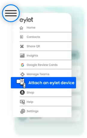 App menu with 'Attach an eylet device' highlighted