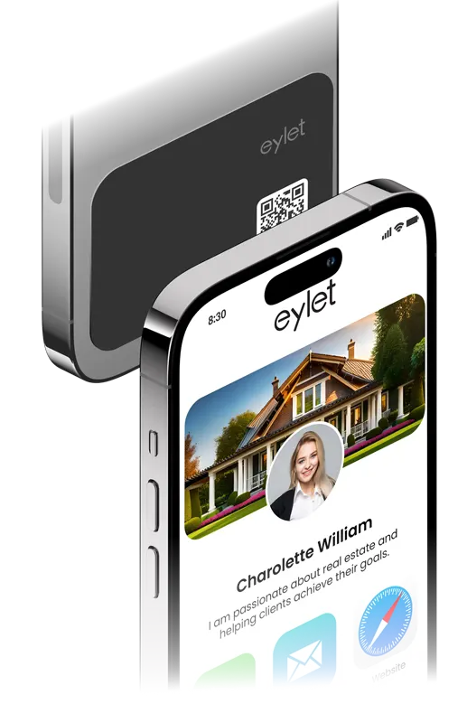 Phone in hand showing an eylet profile with card behind