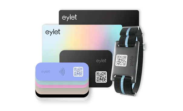 eylet cards, tags and wristband devices